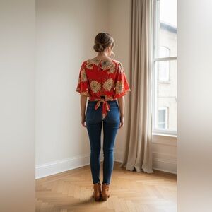 Express Floral Red Tie-Back Cropped Blouse NWT